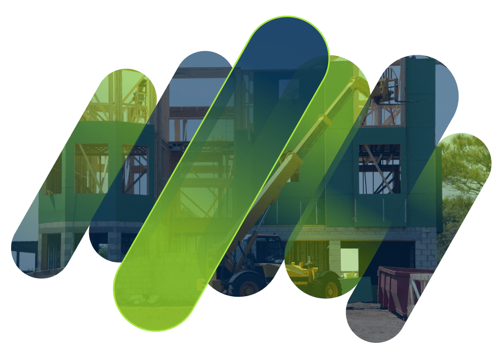 consruction equipment in front of a house being built, there are transparent green & blue bars over the image 